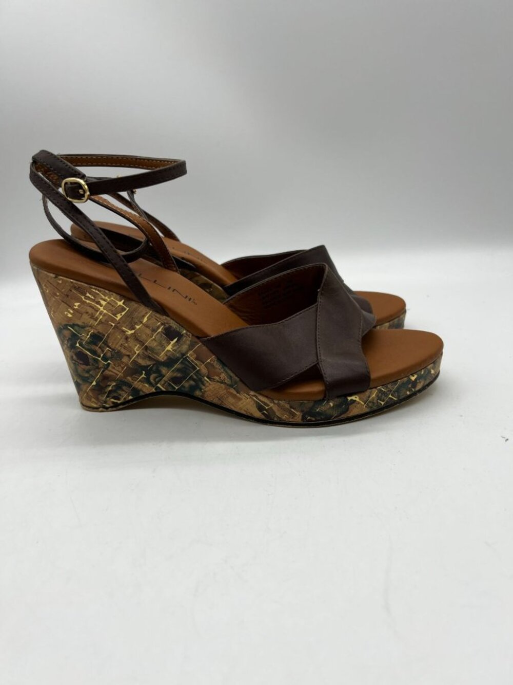 Wedge Shoes Leather Size 7 M Open Toe Brown Ankle Strap Floral Heel Bellini